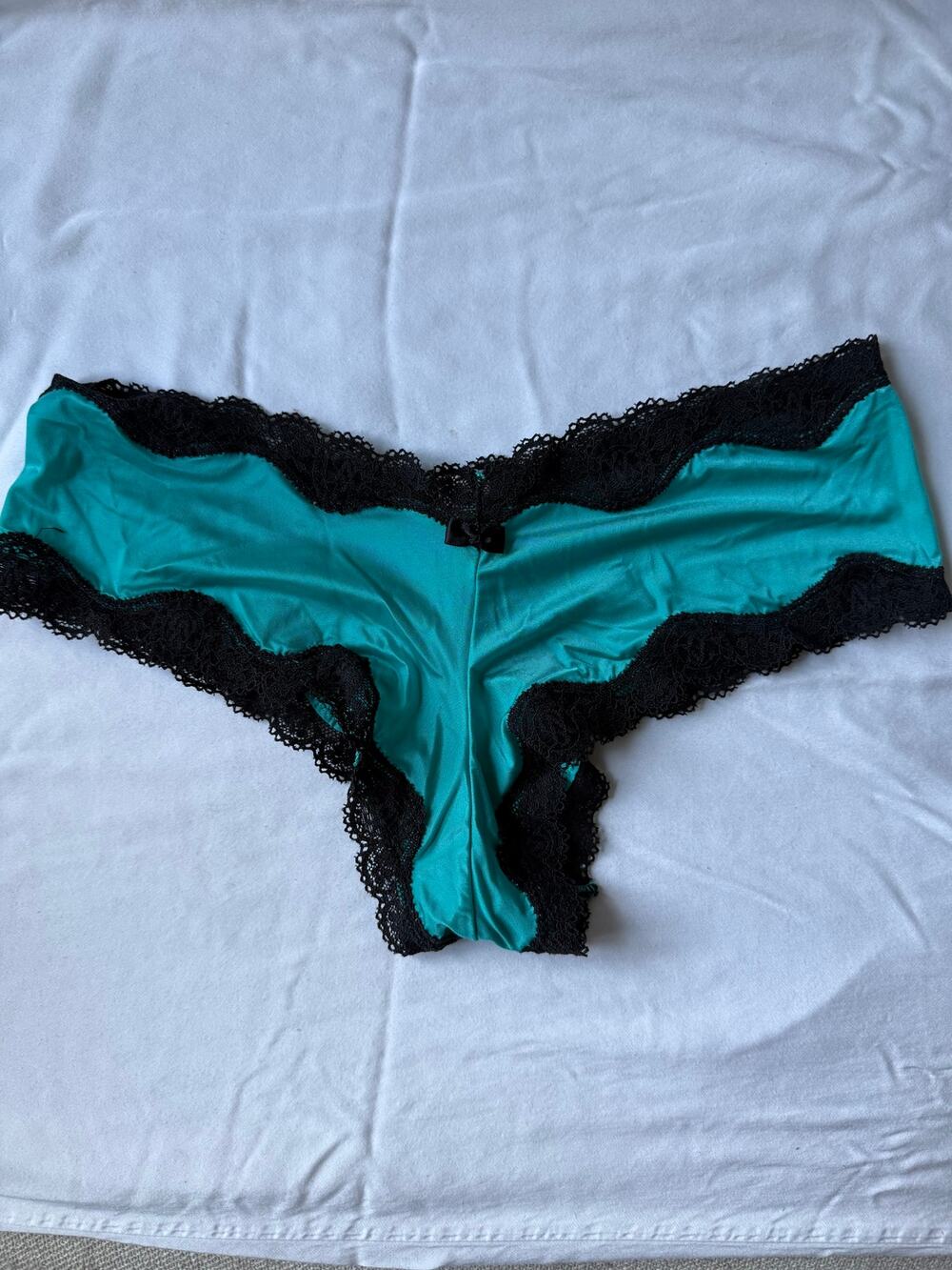 NWOT Victoria’s Secret Cheeky Panty Green Black Lace Trim Satin Vintage Size S